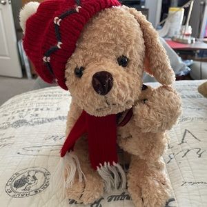 Brown Dog with Red Hat and Scarf